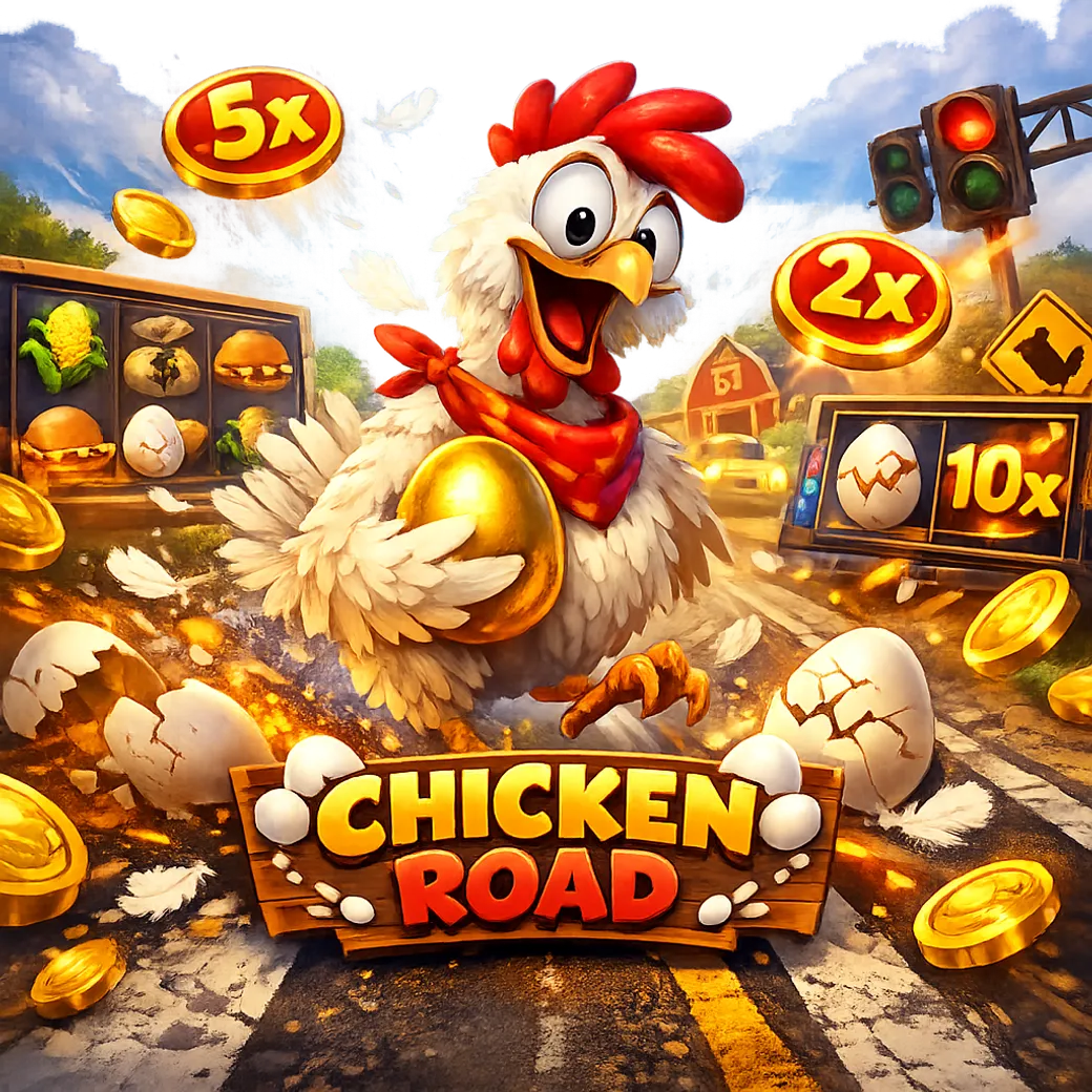 Bright promo image featuring a funny chicken crossing a road lane with floating coins, eggs and cartoon energy for Chicken Ro